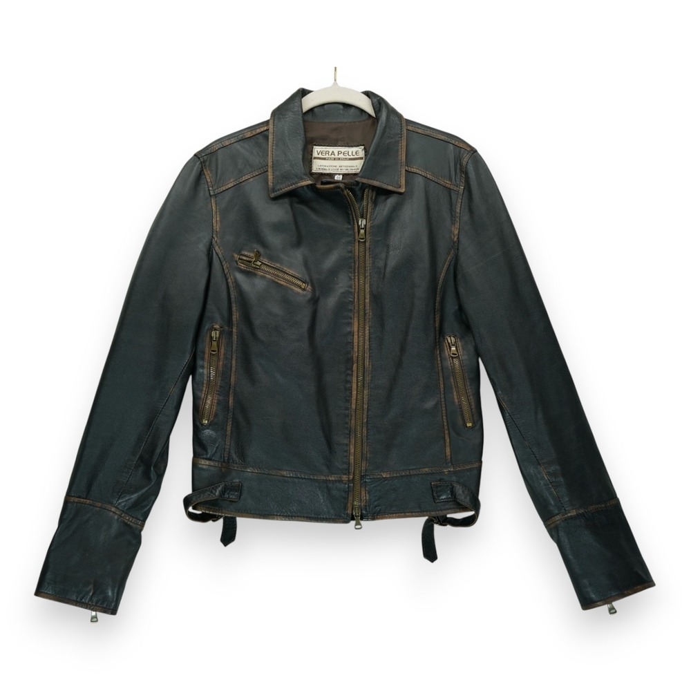 Vintage Vera Pelle 1973 Women's‎ Leather Biker Motorcycle Jacket Brown 46 Italy